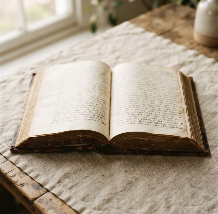 Warm editorial photography of an open classic leather-bound book on a textured linen paper surface, soft natural window light casting gentle shadows, shallow depth of field
