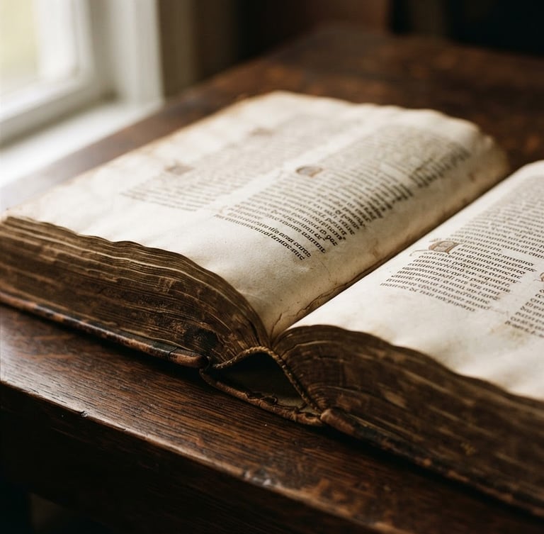 Close-up of a classic leather-bound theological volume open on a dark wooden desk, soft natural window light, visible paper texture, warm earth tones, shallow depth of field