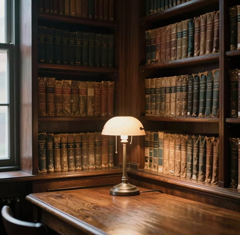 A quiet historic library corner with dark oak bookshelves filled with old volumes, a single reading lamp casting a warm glow on a wooden table, cozy and scholarly atmosphere.