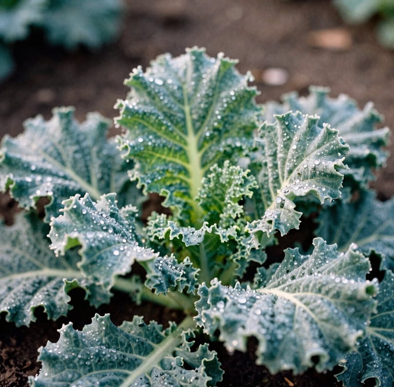 Macro close-up of dew-kissed organic kale leaves in bright morning sunlight, rich dark soil visible in the background, 35mm film style.