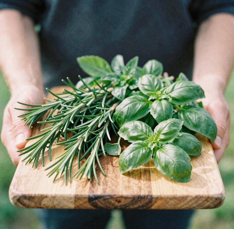 Hands holding a rustic wooden board overflowing with freshly cut culinary herbs like rosemary and basil, soft morning sunlight, 35mm film