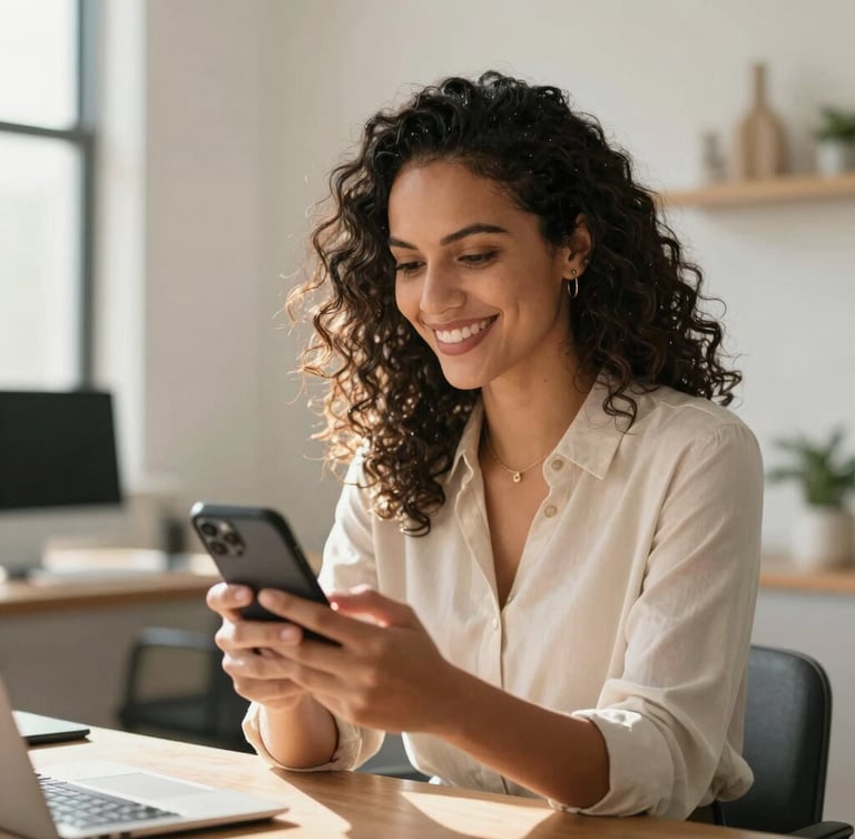 Portrait shot of a modern Brazilian female entrepreneur inside her bright home office, smiling while looking at her phone, warm sunlight, clean workspace background