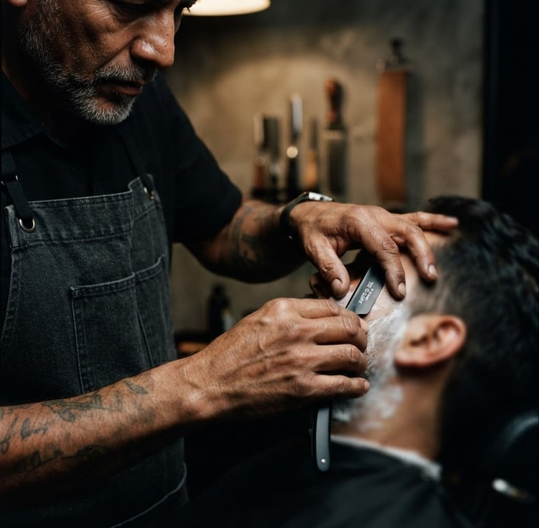 Retrato de un barbero maestro en un estudio minimalista, manos enfocadas en una maquinilla de afeitar mate-negra, iluminación direccional dramática, tonos cálidos y grises.