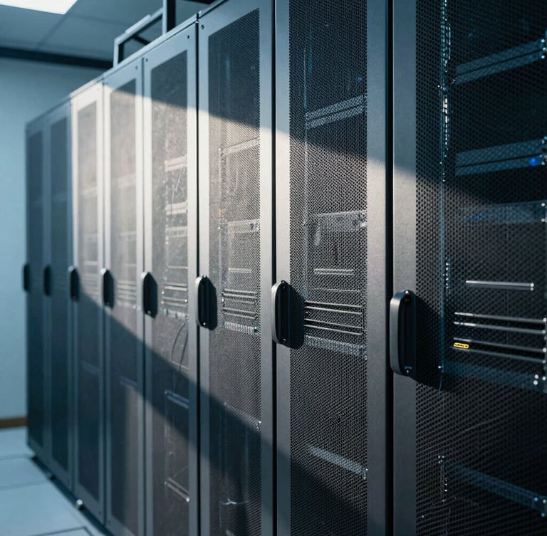 Crisp architectural photography of a modern server room, cool blue daylight casting sharp shadows on metallic server racks, 35mm