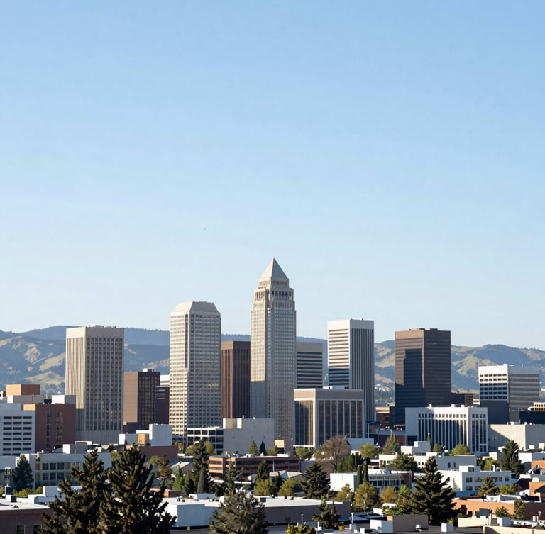 Wide-angle bright editorial shot of the Boise downtown skyline with the foothills in the background under clear morning light, 35mm.