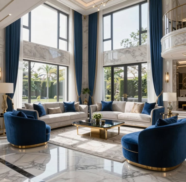 A luxurious modern villa living room with polished marble floors reflecting soft light, elegant royal blue and gold accents, bright natural daylight streaming through large windows, 35mm architectural photography.