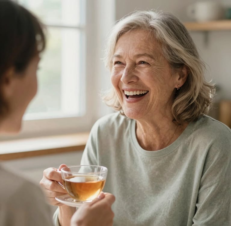 A warm-toned close-up of an older woman laughing with a companion over a cup of tea in a sunlit kitchen, soft natural window light, 35mm