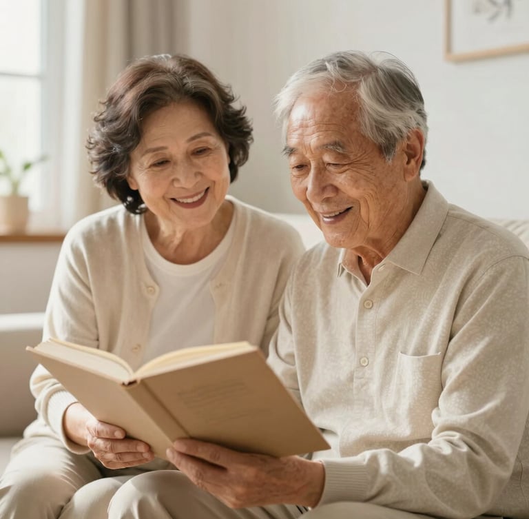An older adult and a companion smiling together while looking at a book in a sunlit living room, warm editorial photography, soft cream tones, shallow depth of field
