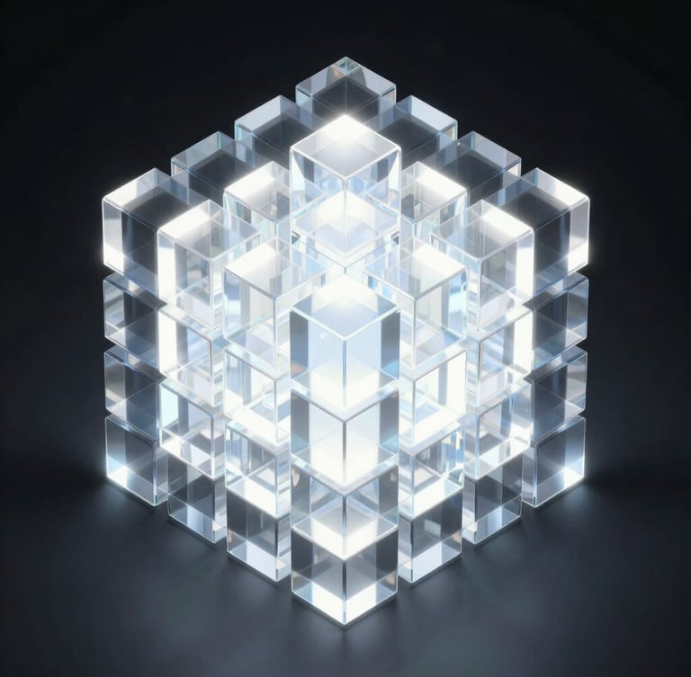 Isometric 3d render of glowing glass-morphic blocks of light compressing into a dense core, sharp studio light, high-contrast dark mode