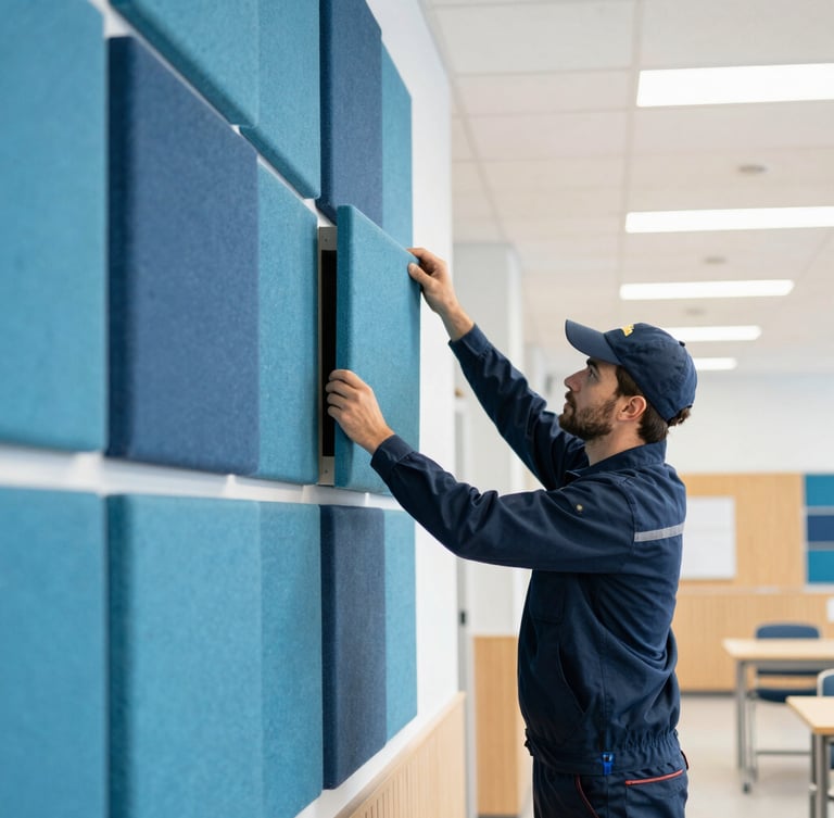 A certified commercial installer in high-vis gear meticulously aligning an Autex acoustic wall panel in a bright modern school hall, crisp architectural lighting.
