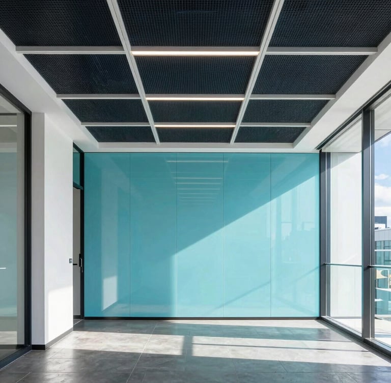 Crisp architectural interior of a modern commercial office in Auckland, showing clean lines of acoustic ceiling grids and Autex wall panels, bright daylight, straight-on elevation