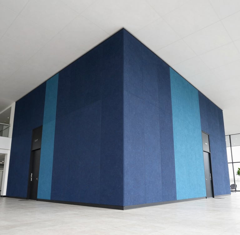 Wide-angle architectural photograph of a modern commercial office interior with crisp acoustic wall panels and clean suspended ceiling grids, bright daylight, professional corporate aesthetic