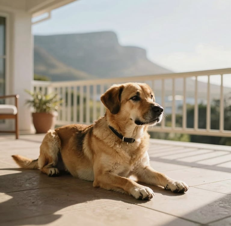Warm sun-drenched domestic scene on a veranda in Cape Town, a family dog relaxed on the tiles, soft morning light, shallow depth of field.