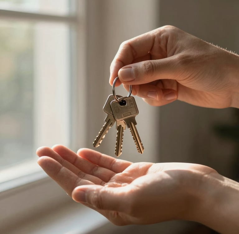 Close-up of warm hands carefully holding a set of house keys, soft morning sunlight filtering through a window, shallow depth of field.