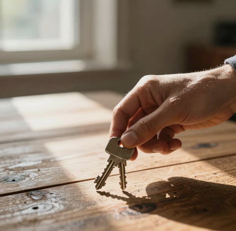 Close-up of hands exchanging keys over a rustic wooden table, warm sunbeams filtering through a window, shallow depth of field.
