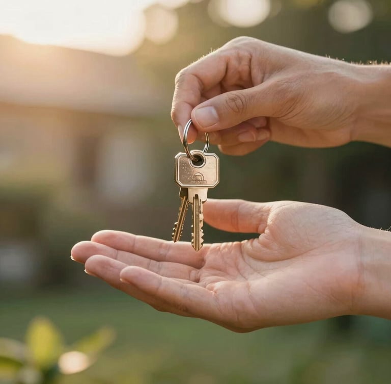 Close-up of hands welcomingly exchanging home keys, soft golden hour light, blurred warm garden background.