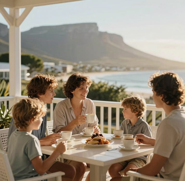 A bright, sun-drenched veranda in Cape Town, a family sharing a relaxed moment with coffee, soft golden hour light, shallow depth of field.