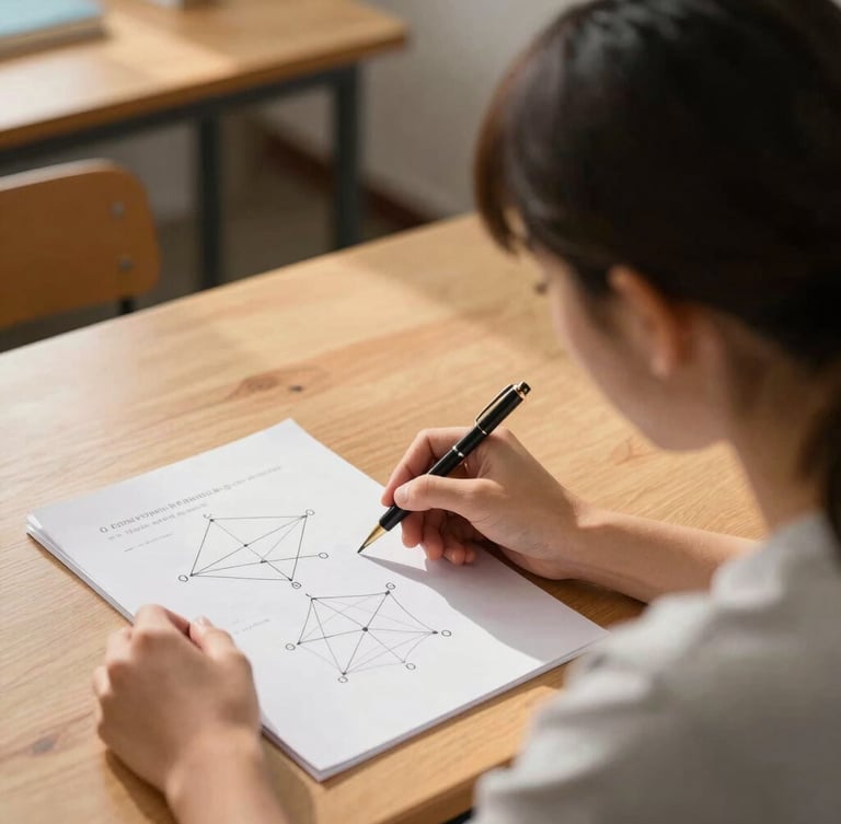 Over-the-shoulder shot of a tutor explaining a geometry concept on paper to a focused student at a warm wooden desk, soft afternoon light.