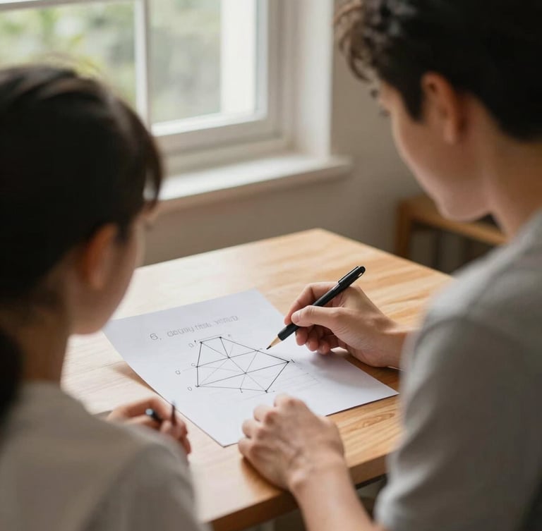 Over-the-shoulder shot of a tutor explaining a geometry concept on paper to a student, warm natural light from a window, focused home study desk environment.