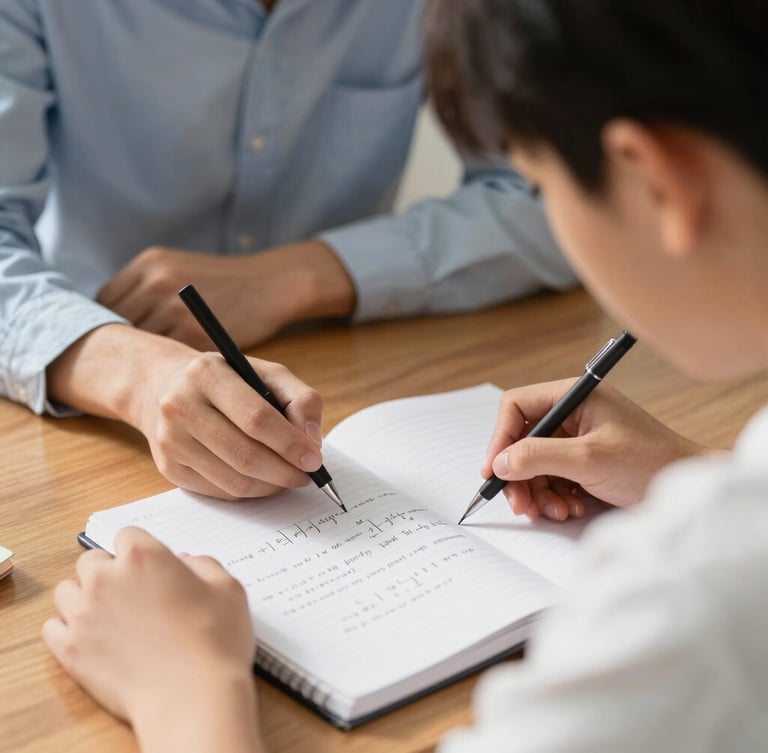 A focused student at a wooden desk writing in a notebook, a tutor pointing to a physics formula on paper, warm afternoon light, close-up over-the-shoulder shot.