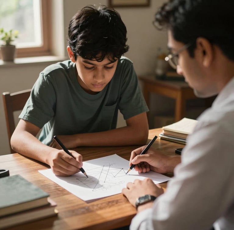 Over-the-shoulder shot of a warm home study desk in Jabalpur, a tutor explaining a geometry concept on paper to a focused teenager, natural afternoon light, high-contrast details.