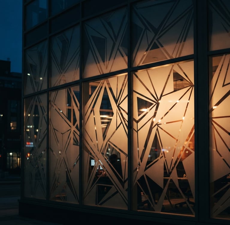 Close-up of high-contrast commercial glass facade at dusk, featuring perfectly applied frosted vinyl graphics with sharp geometric cuts, subtle interior amber light glowing through, dramatic night photography.