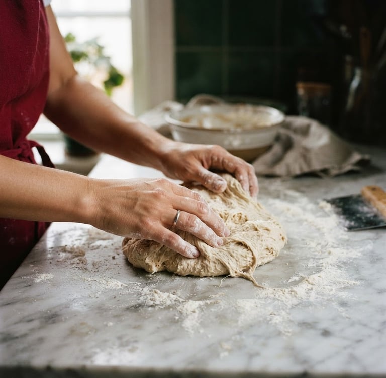Hands kneading fresh sourdough on a flour-dusted marble counter, soft natural daylight from a side window, shallow depth of field, 35mm