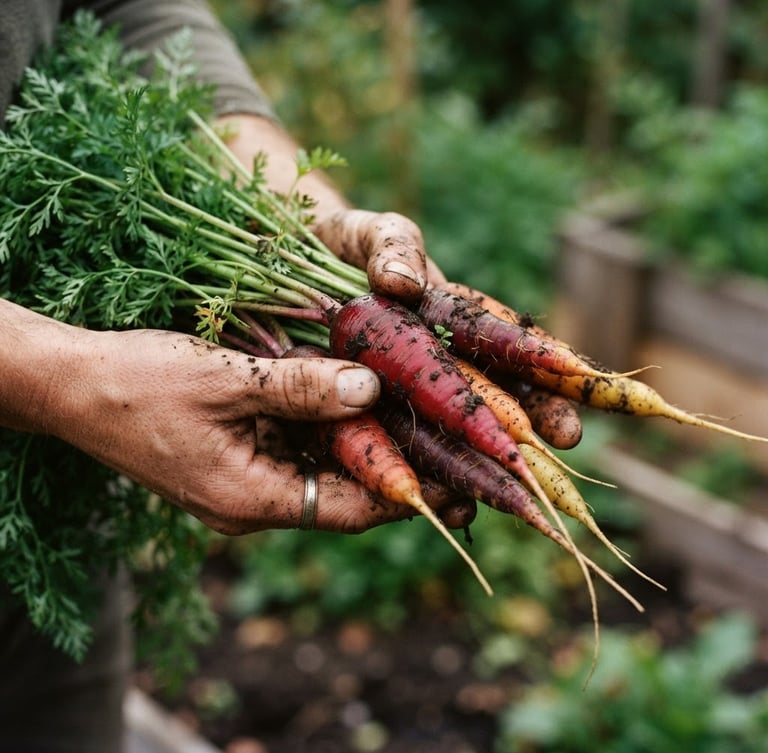 Tactile close-up of soil-covered hands holding freshly harvested heirloom carrots, soft Scandinavian morning light, deep green foliage details, 35mm photography.
