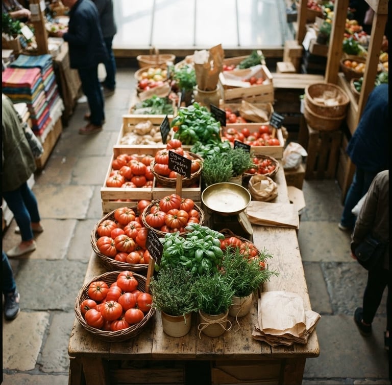 Tactile overhead shot of a bustling indoor market hall, wooden tables, soft natural light, fresh green herbs and red tomatoes on display, 35mm photography