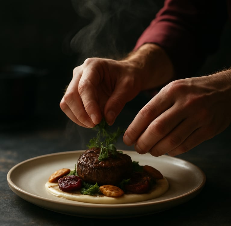Close-up of a chef's hands carefully arranging fresh herbs on top of a plated dish, steam rising, dark moody kitchen background, natural light, 35mm.