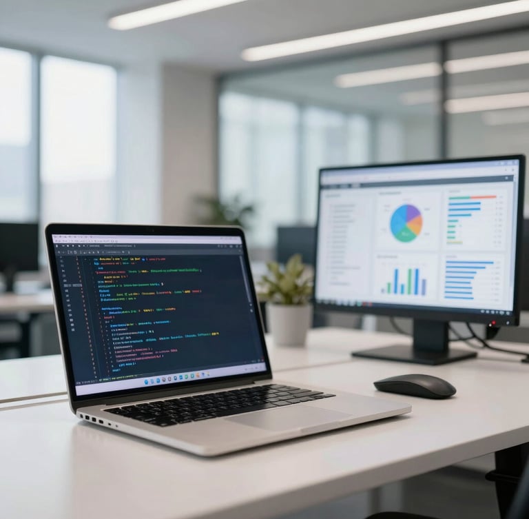 A bright corporate workspace with clean architectural lines, professional depth of field, cool screen glow from a laptop displaying code next to marketing analytics dashboards, daylight.