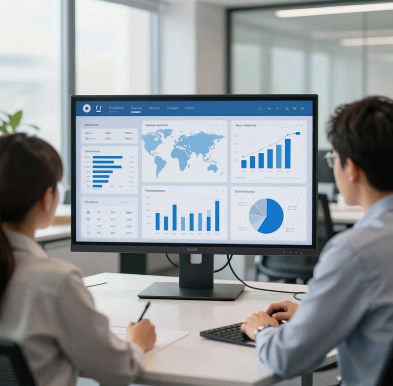 Clean corporate photography of a modern bright collaborative workspace, professional team analyzing marketing dashboards on a large screen, daylight, sharp focus, professional depth of field.
