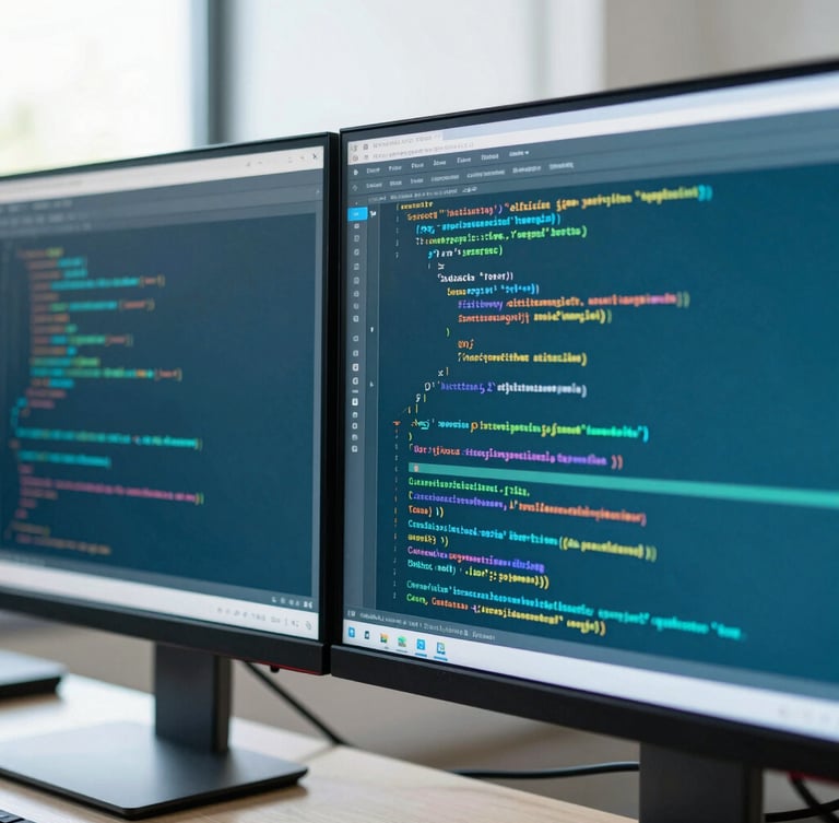 Macro shot of dual monitors displaying clean code and real-time data integration flows, cool teal screen glow, sharp focus, professional depth of field