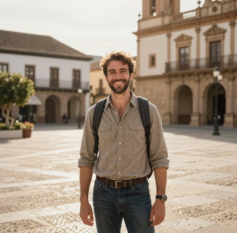 A warm portrait of a friendly local guide smiling in a sunlit historic town square in Spain, candid and professional, warm editorial travel photography