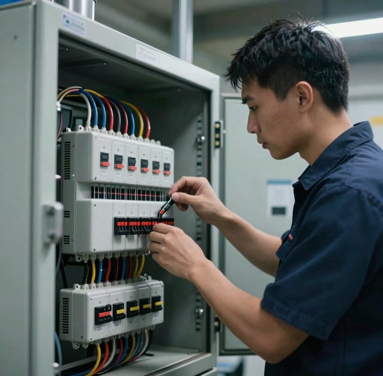 A certified technician assembling a complex industrial electrical distribution board, clean wiring layout, cool high-contrast workshop lighting, sharp focus.