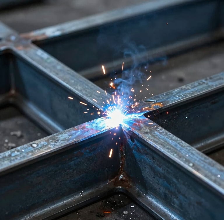 Close-up of industrial steel structural beams being welded, bright sparks, cool metallic blue tones, sharp focus on the weld bead