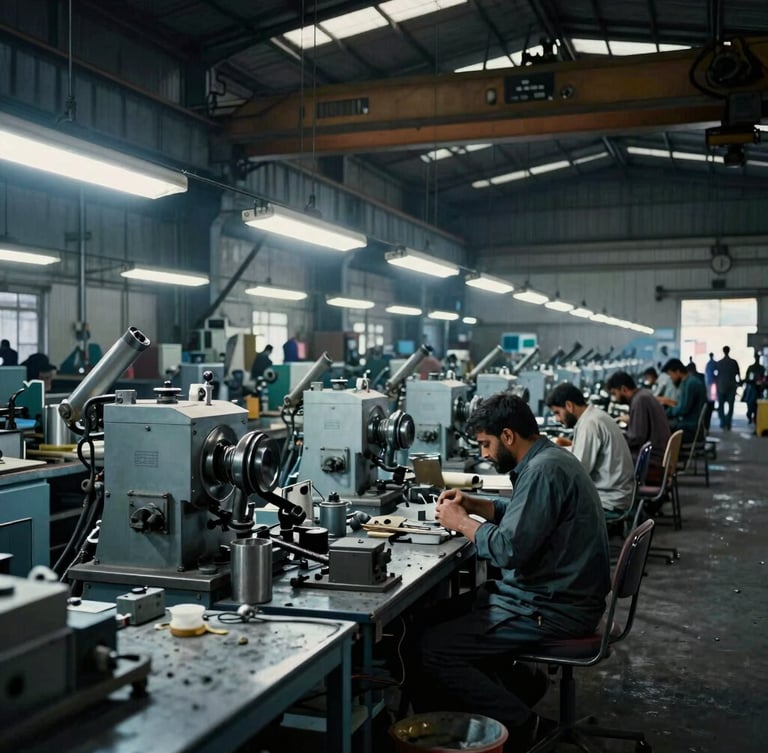 Wide environmental shot of a busy Pakistani manufacturing floor, dramatic cool steel lighting, overhead crane visible, sharp focus