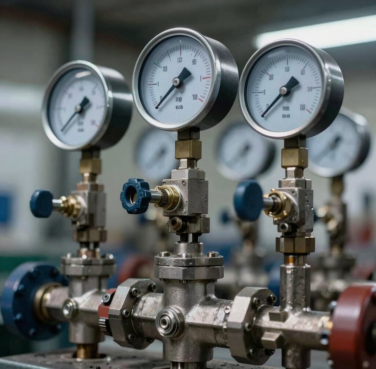 A close-up of high-precision industrial pressure gauges and steel valves on a manifold, cool high-contrast workshop lighting, sharp focus, 35mm lens