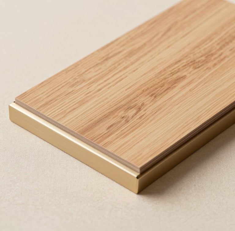 Tactile close-up of premium office materials: light walnut wood sample resting on champagne gold anodized aluminum profile, warm beige fabric background