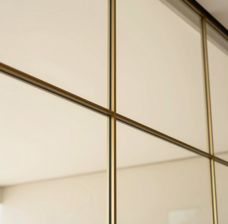 Close-up architectural detail of a champagne gold partition joint on a floor-to-ceiling glass wall, soft natural light, warm beige background, minimal aesthetic