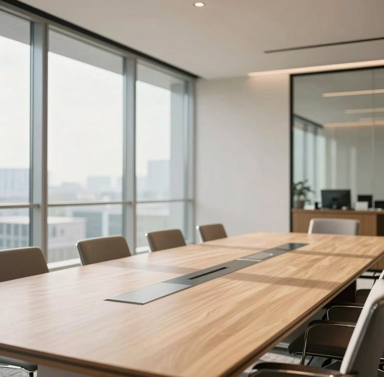 Bright high-end corporate boardroom with a long light walnut table, floor-to-ceiling glass partitions, natural daylight, soft shadows, 35mm photography