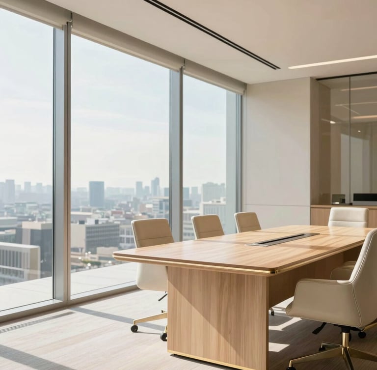 Bright high-end corporate boardroom with floor-to-ceiling glass partitions, natural daylight streaming onto a light walnut executive table, champagne gold hardware details, 35mm photography