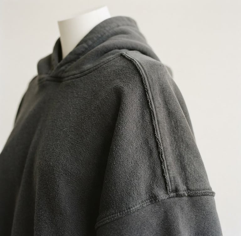 A striking asymmetric crop of a heavyweight charcoal hoodie draped on a minimalist mannequin, focusing on the dropped shoulder and fabric texture, against a stark ivory background. Editorial fashion photography, soft overcast daylight, muted ivory and charcoal tones, medium format film, 80mm.