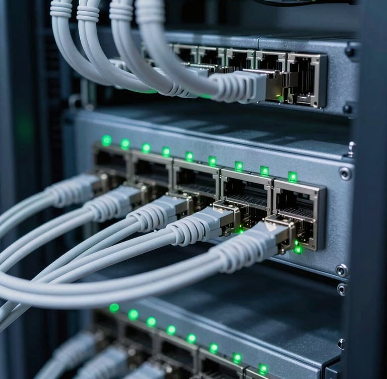 Macro close-up of a clean server rack with organized cat6 cabling, green blinking LED indicators on a network switch, cool daylight, sharp focus, 50mm.