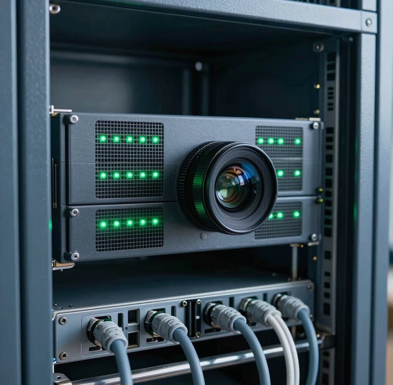 Industrial server rack cabinet with clean cable management, green status LEDs glowing, sharp focus, 50mm lens