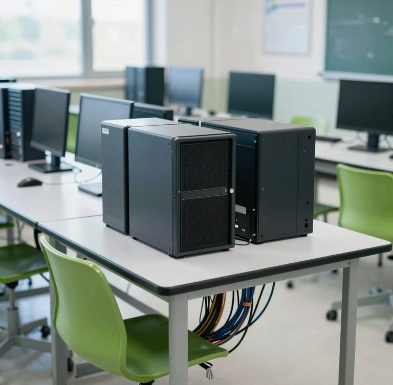 Wide environmental shot of a modern school computer lab, clean hardware, organized cabling under desks, bright natural light