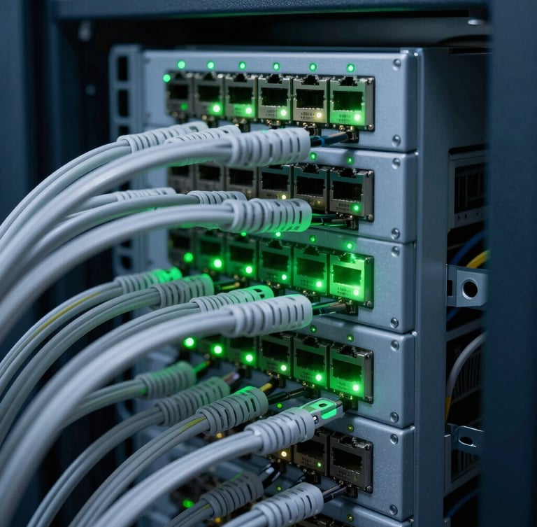Macro close-up of a clean server rack with organized cat6 cabling, green active network status lights blinking in cool daylight, sharp focus on hardware, 50mm