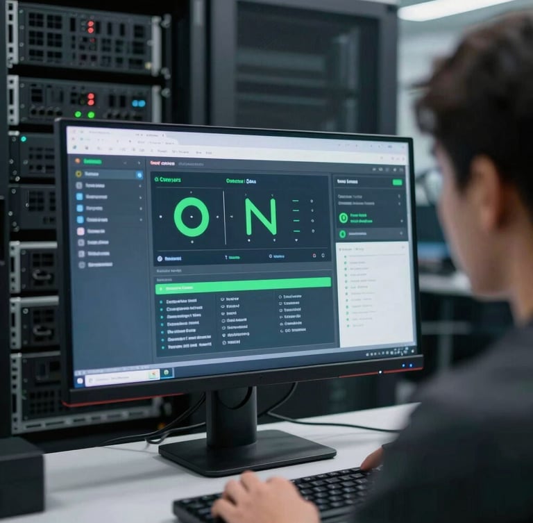 Focused IT professional analyzing clean dashboard interfaces on a monitor in a cool-toned, modern server room, sharp focus, 50mm
