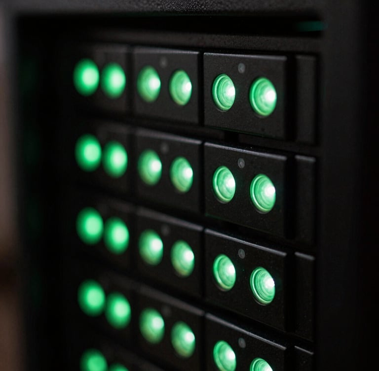 Macro close-up of light refractions on a dark glass server rack, glowing green signal lights, moody high-contrast technical photography, 35mm