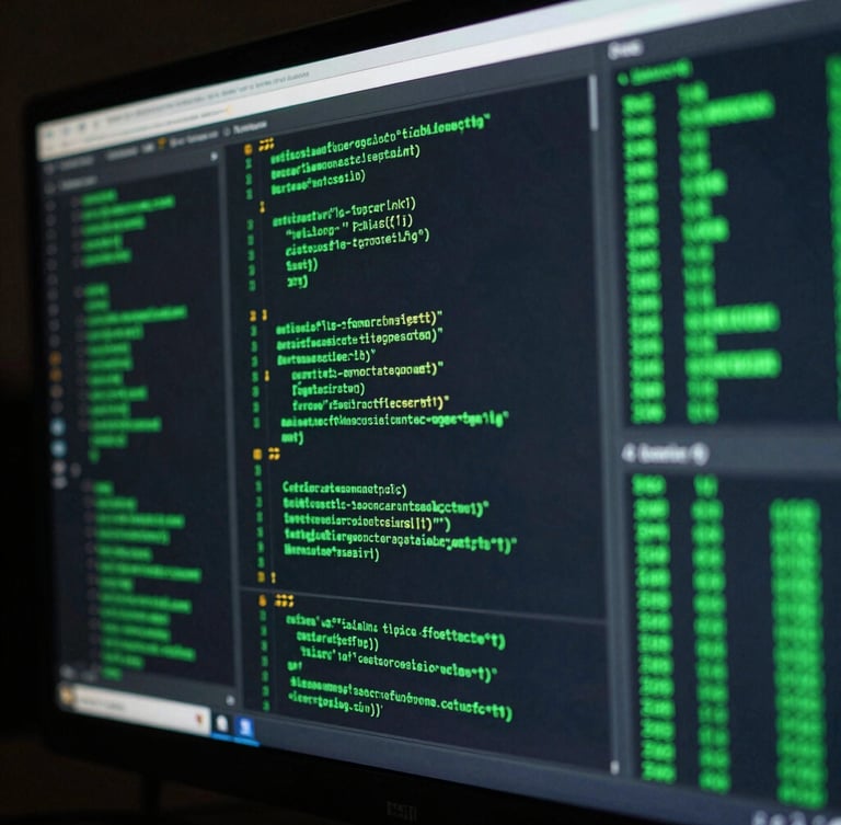 Macro close-up of a high-end monitor displaying green lines of code and data dashboards, moody technical lighting, high-contrast, deep charcoal and neon green tones, 35mm.